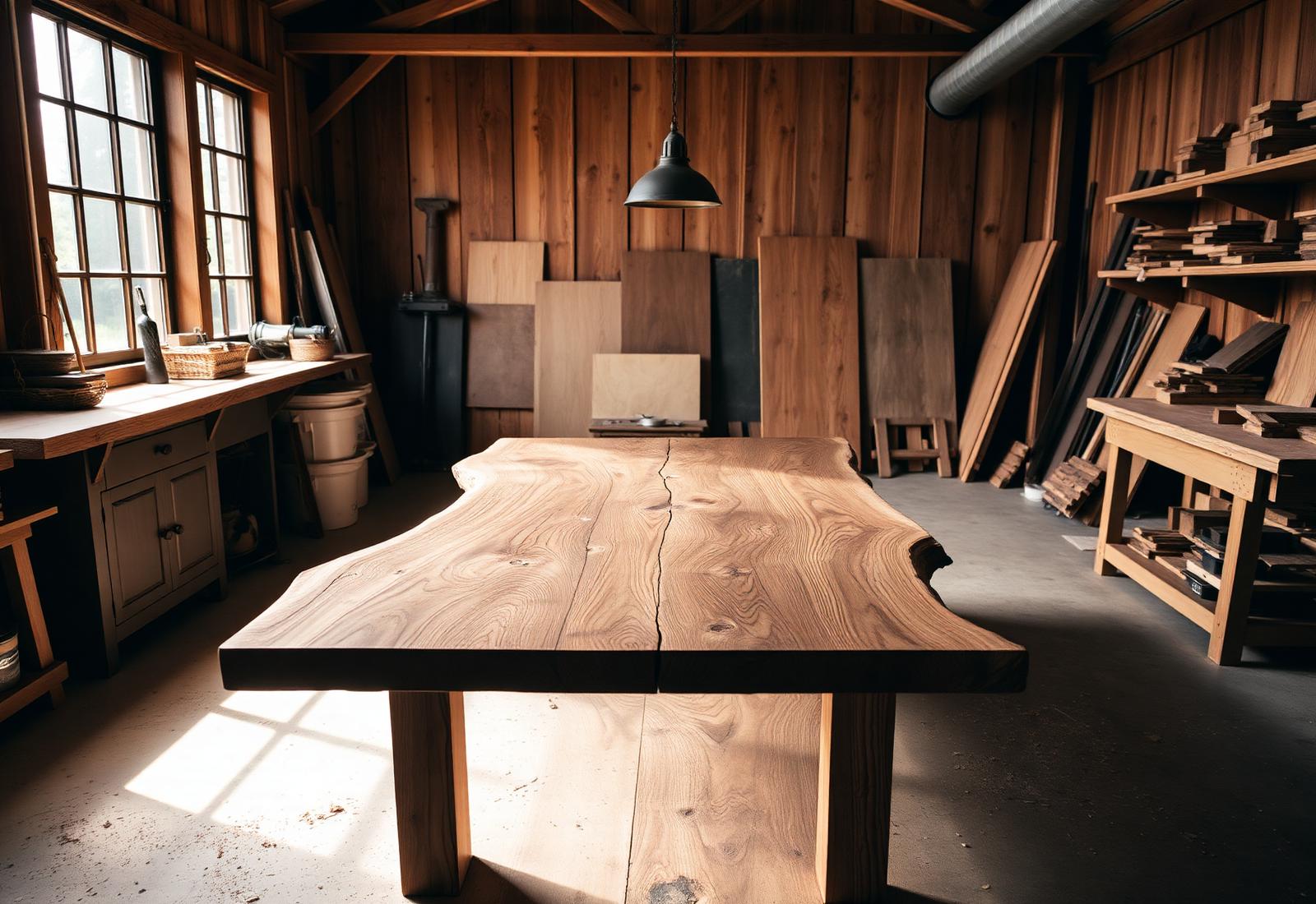 Live-edge walnut dining table in a sunlit workshop