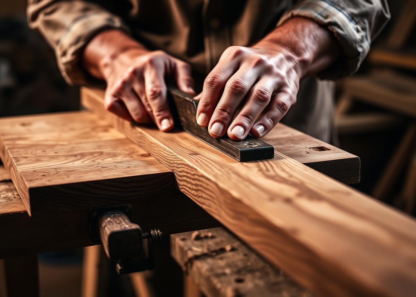 Craftsman hand-planing a walnut board on the workbench